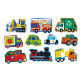 Set of colorful toy vehicle 2-piece puzzle pieces on a white background