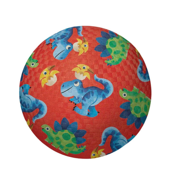 Colorful children's ball with blue dinosaur and green dino design on a red background