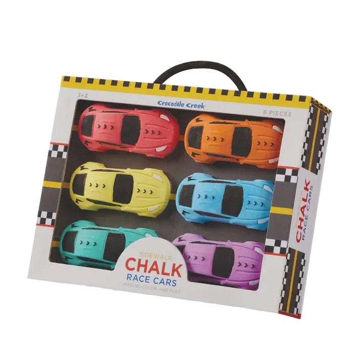 A boxed set of six miniature chalk-style race cars in assorted bright colors, shown in its retail packaging with a carrying handle and printed front panel.