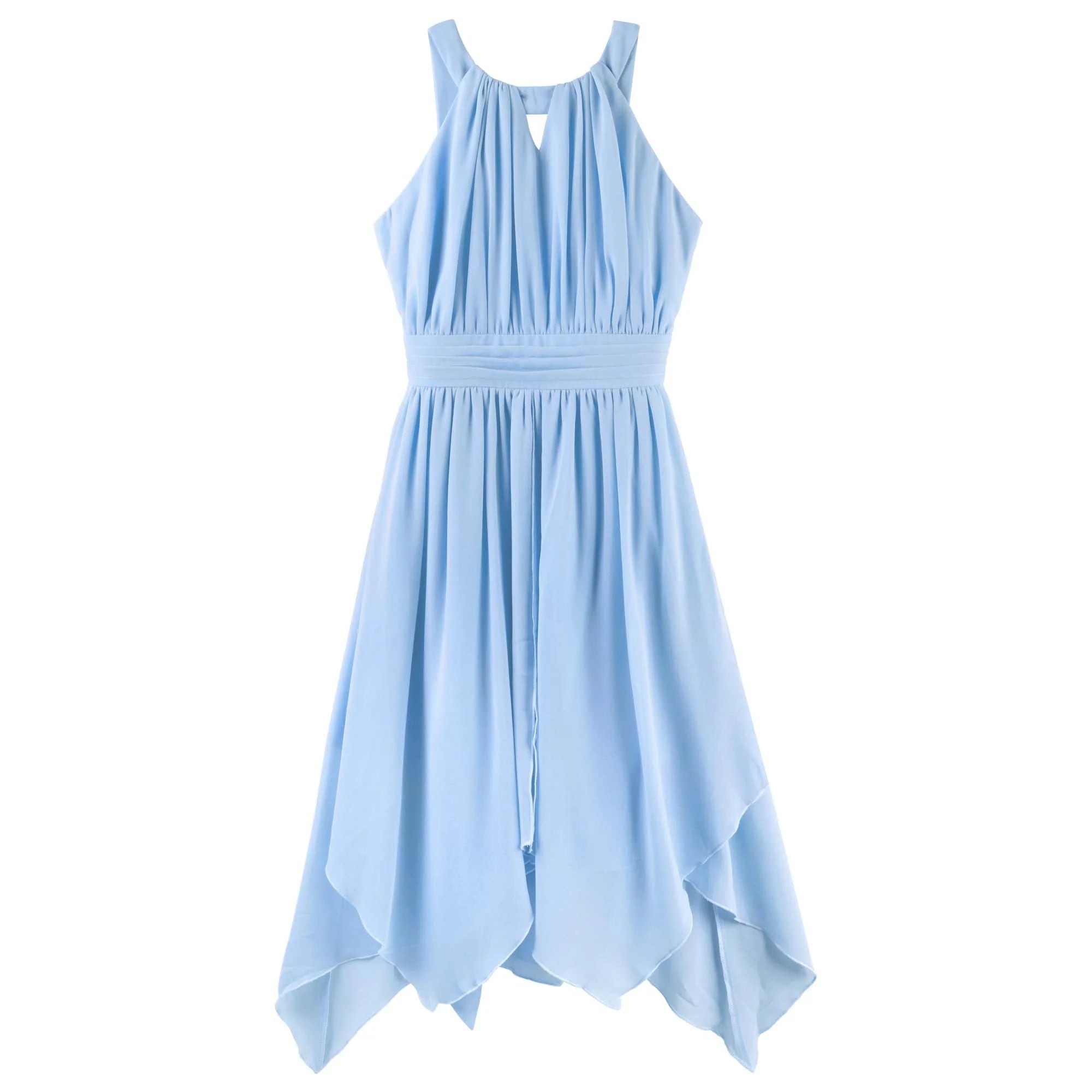 A light blue sleeveless dress with a high-low asymmetrical hem, pleated bodice, and elastic waistband, shown against a plain white background.