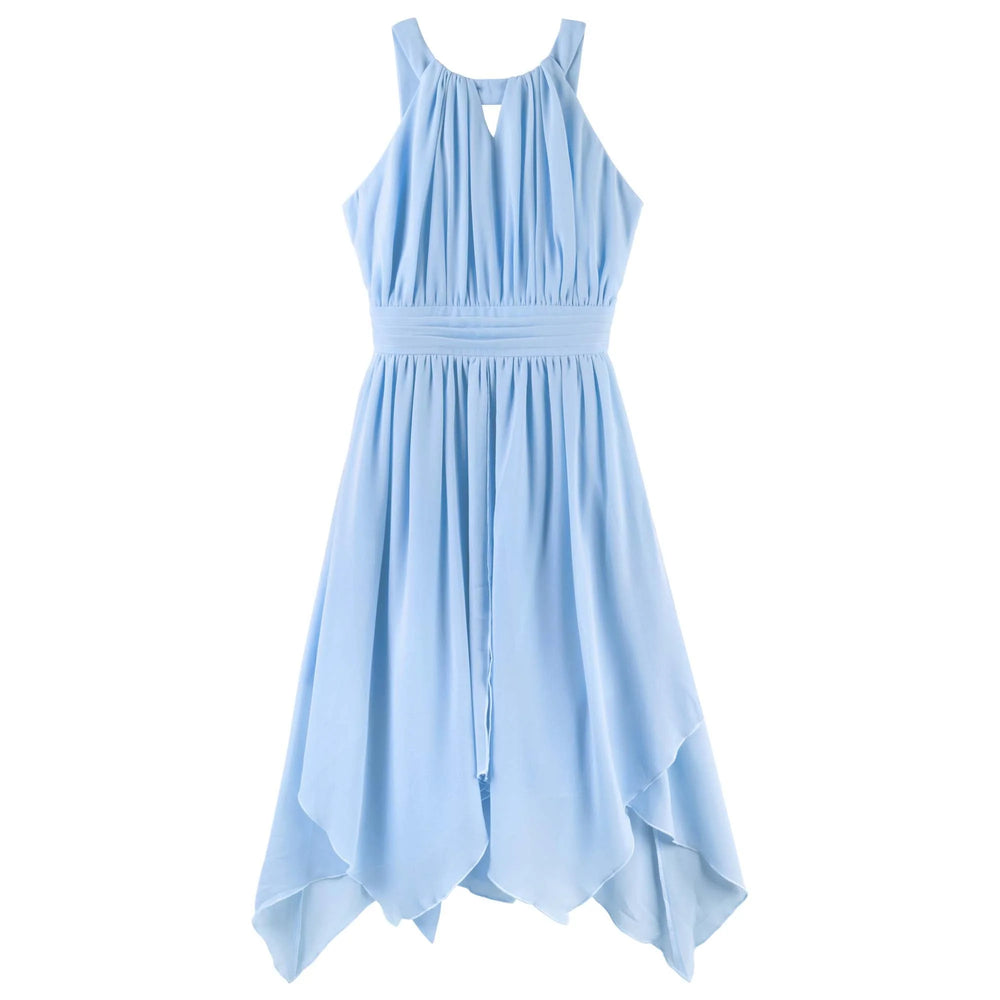 A light blue sleeveless dress with a high-low asymmetrical hem, pleated bodice, and elastic waistband, shown against a plain white background.