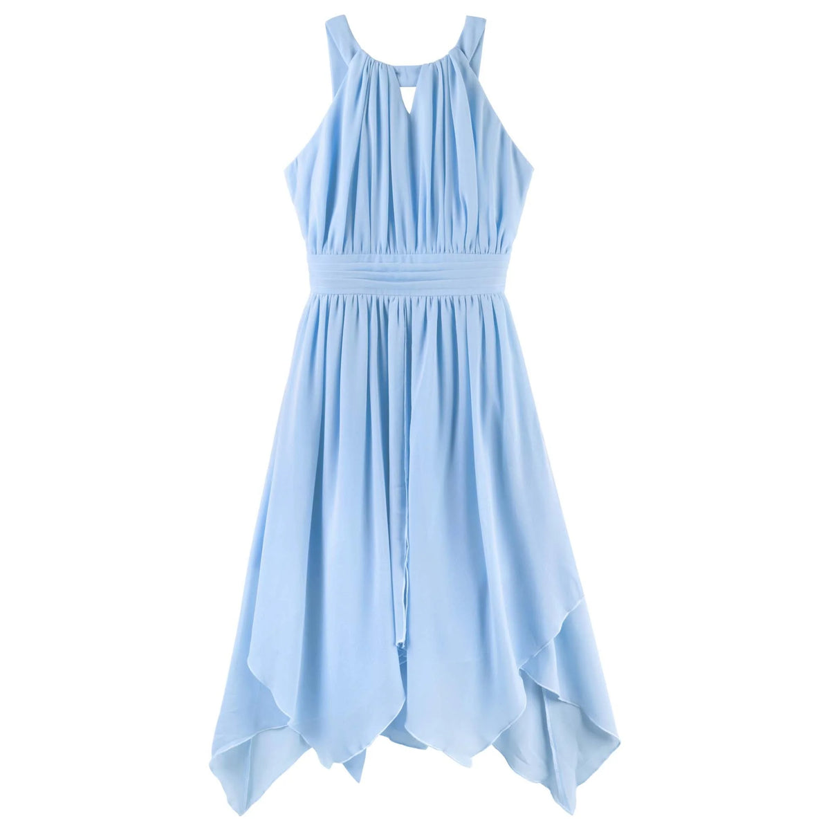 A light blue sleeveless dress with a high-low asymmetrical hem, pleated bodice, and elastic waistband, shown against a plain white background.