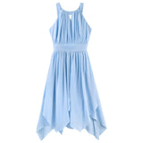 A light blue sleeveless dress with a high-low asymmetrical hem, pleated bodice, and elastic waistband, shown against a plain white background.