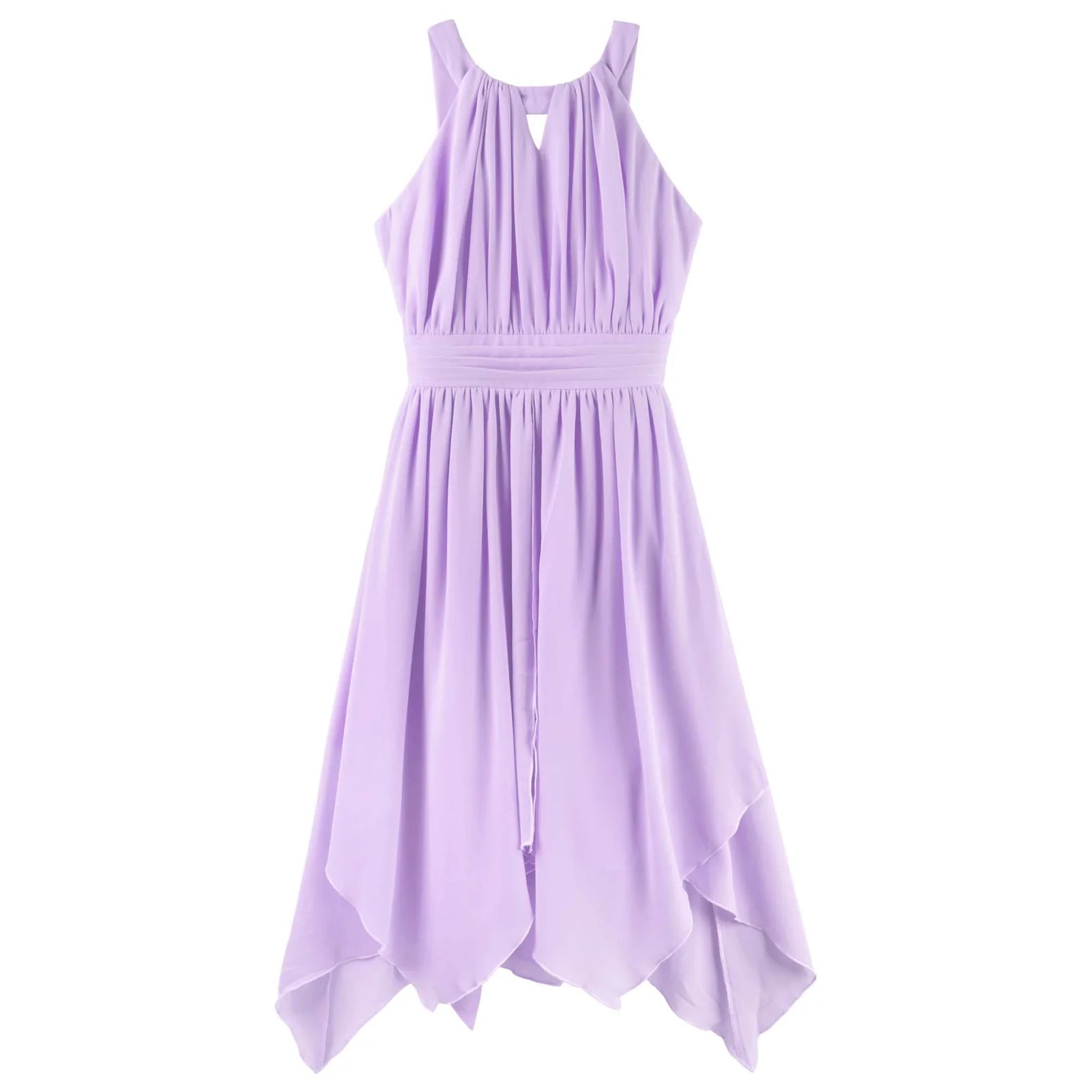 A sleeveless lavender purple dress with a high-low asymmetrical hemline, featuring a pleated bodice and a gathered waistband, shown against a plain white background.