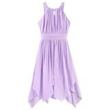 A sleeveless lavender purple dress with a high-low asymmetrical hemline, featuring a pleated bodice and a gathered waistband, shown against a plain white background.