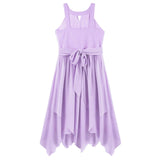 The back of a sleeveless lavender dress with a square neckline, a matching fabric tie belt at the waist, and a flowing chiffon-like skirt with an asymmetrical layered hem, shown against a plain white background.