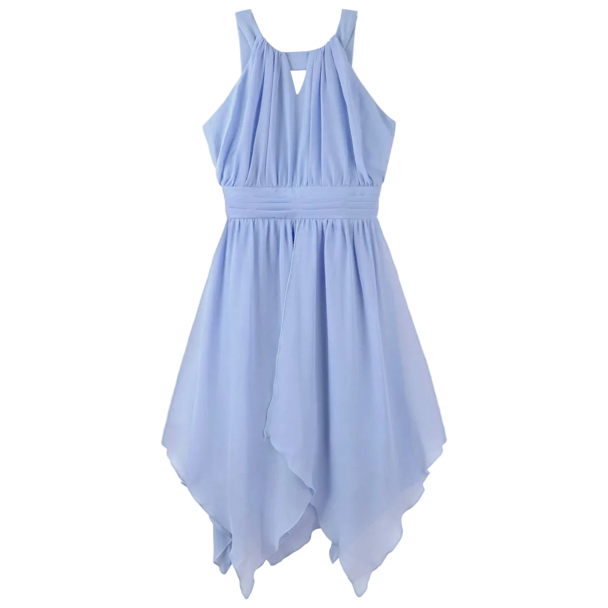A blue chiffon panelled dress with shoulder straps and a tie at the waist, displayed on a white background.