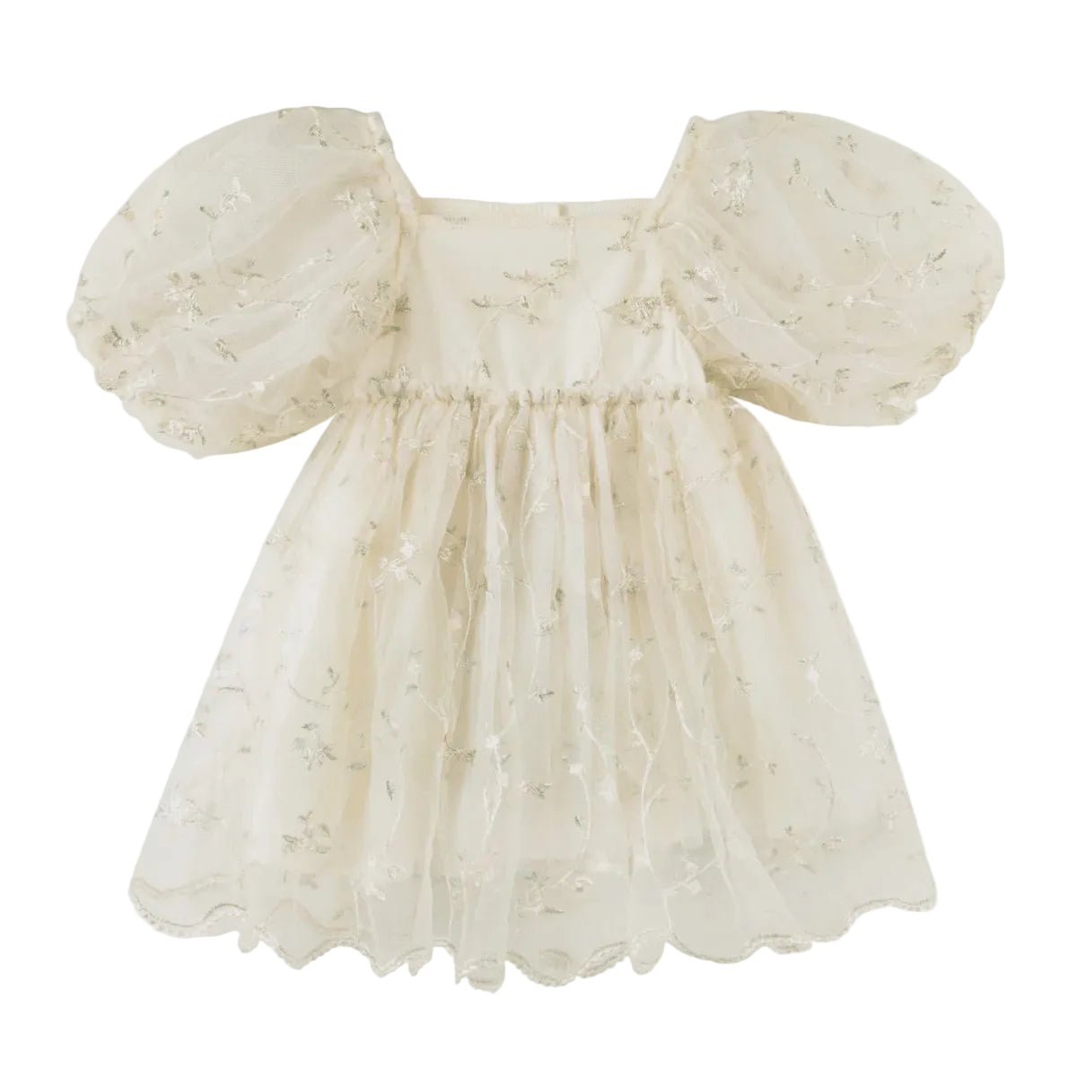 A cream-colored baby dress with puffy short sleeves, a smocked bodice, and a tiered tulle skirt, decorated with subtle floral embroidery.