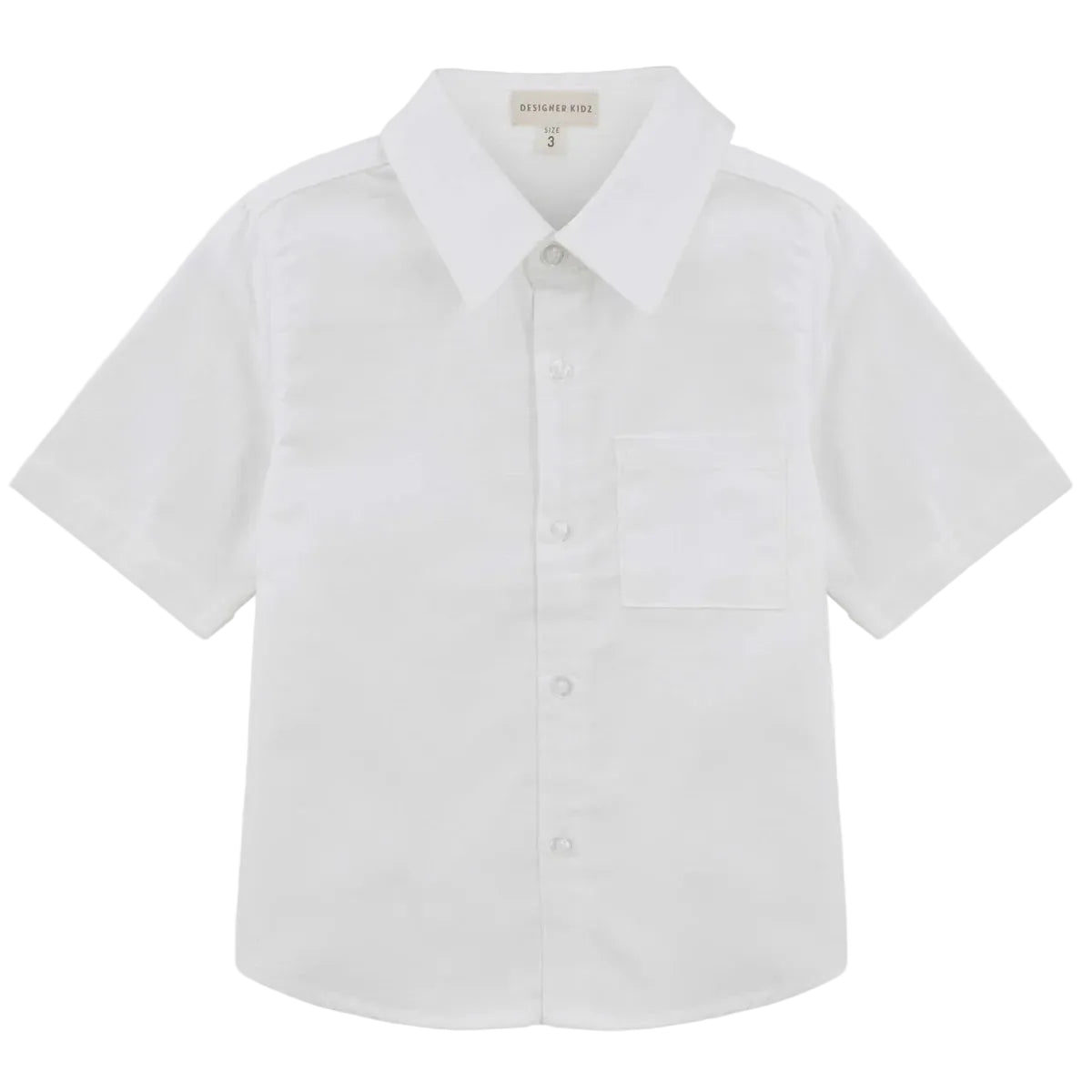 A boys white short-sleeve button-up shirt with a pointed collar and a single chest pocket, shown flat against a light gray background.