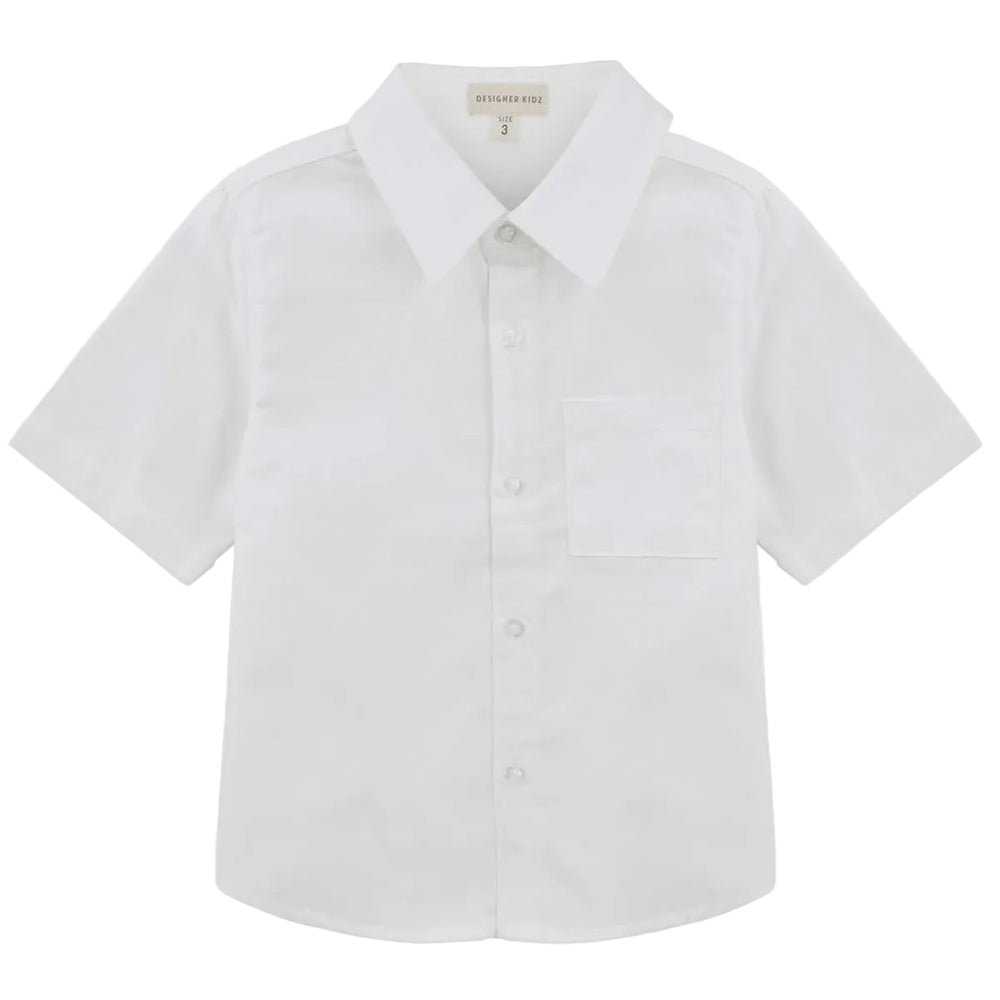 A boys white short-sleeve button-up shirt with a pointed collar and a single chest pocket, shown flat against a light gray background.