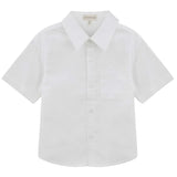A boys white short-sleeve button-up shirt with a pointed collar and a single chest pocket, shown flat against a light gray background.
