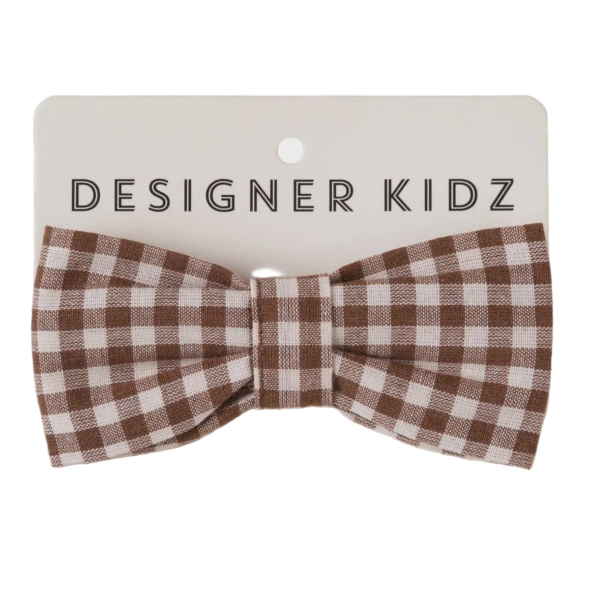 A brown and white gingham checkered bow tie displayed on a white backing card with the text 'DESIGNER KIDZ' printed in black.