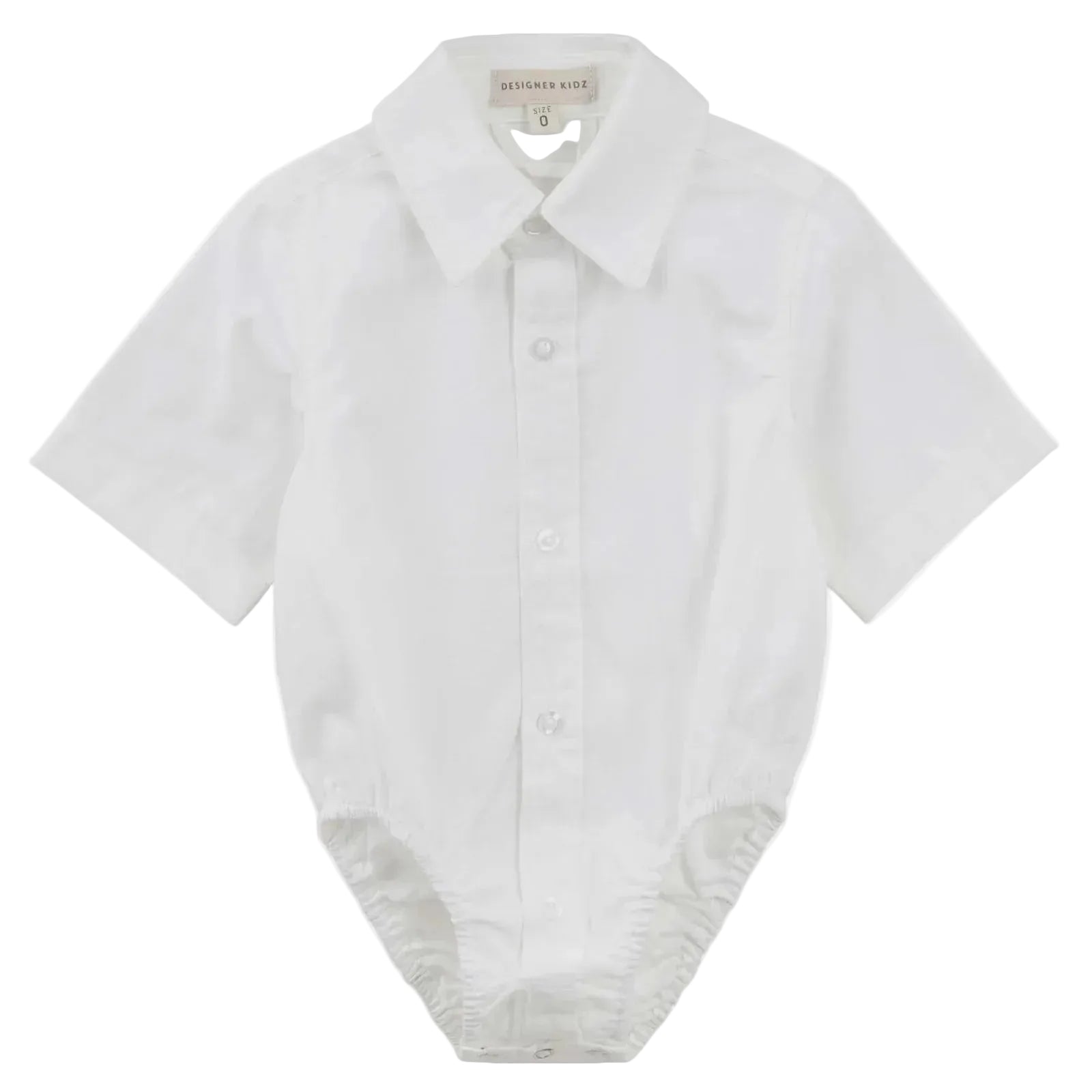 A baby boys short-sleeved white formal romper for babies with a tailored collar and front button openings.