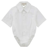 A baby boys short-sleeved white formal romper for babies with a tailored collar and front button openings.