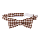 A brown and beige gingham checkered bow tie with an adjustable white elastic strap, shown against a plain white background.