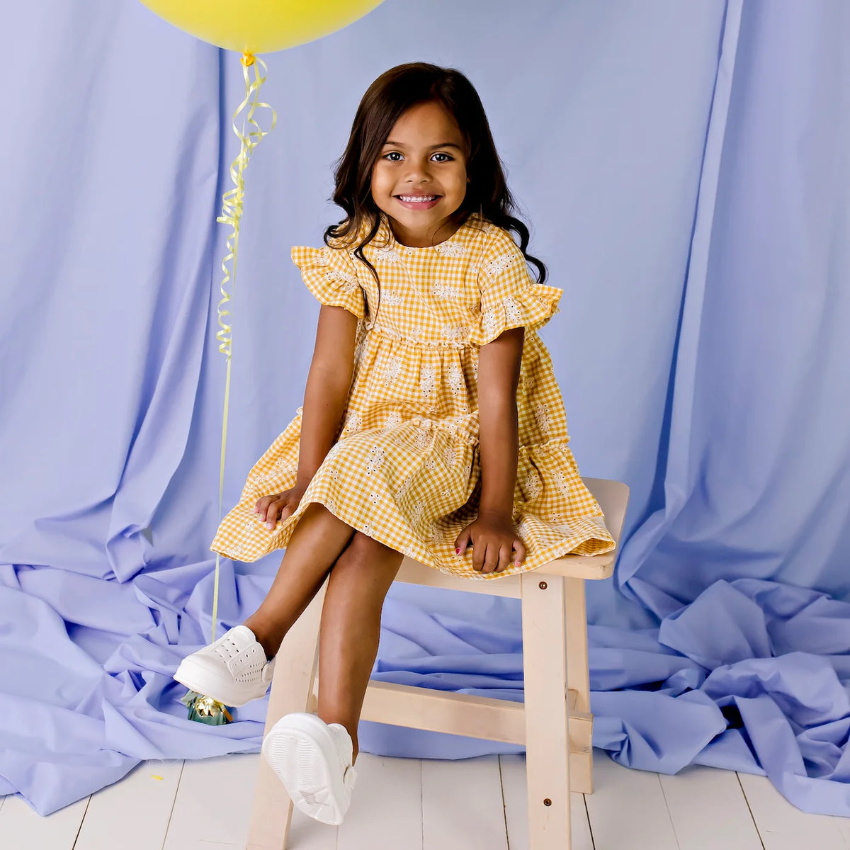 Designer Kidz |Alice Gingham Tiered Dress - Yellow  Broderie