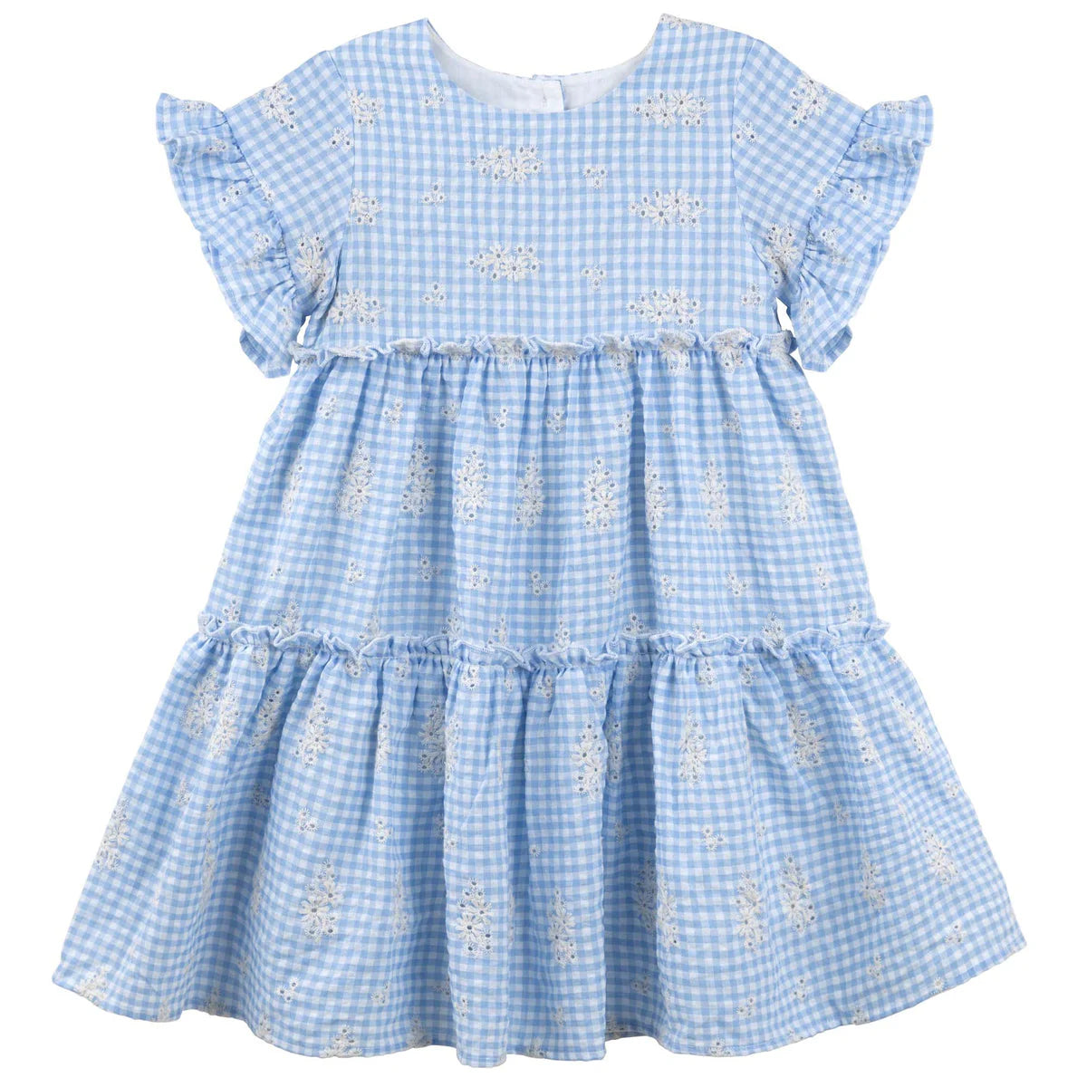 Designer Kidz | Alice Embroidered Gingham Tiered Dress - Blue Check