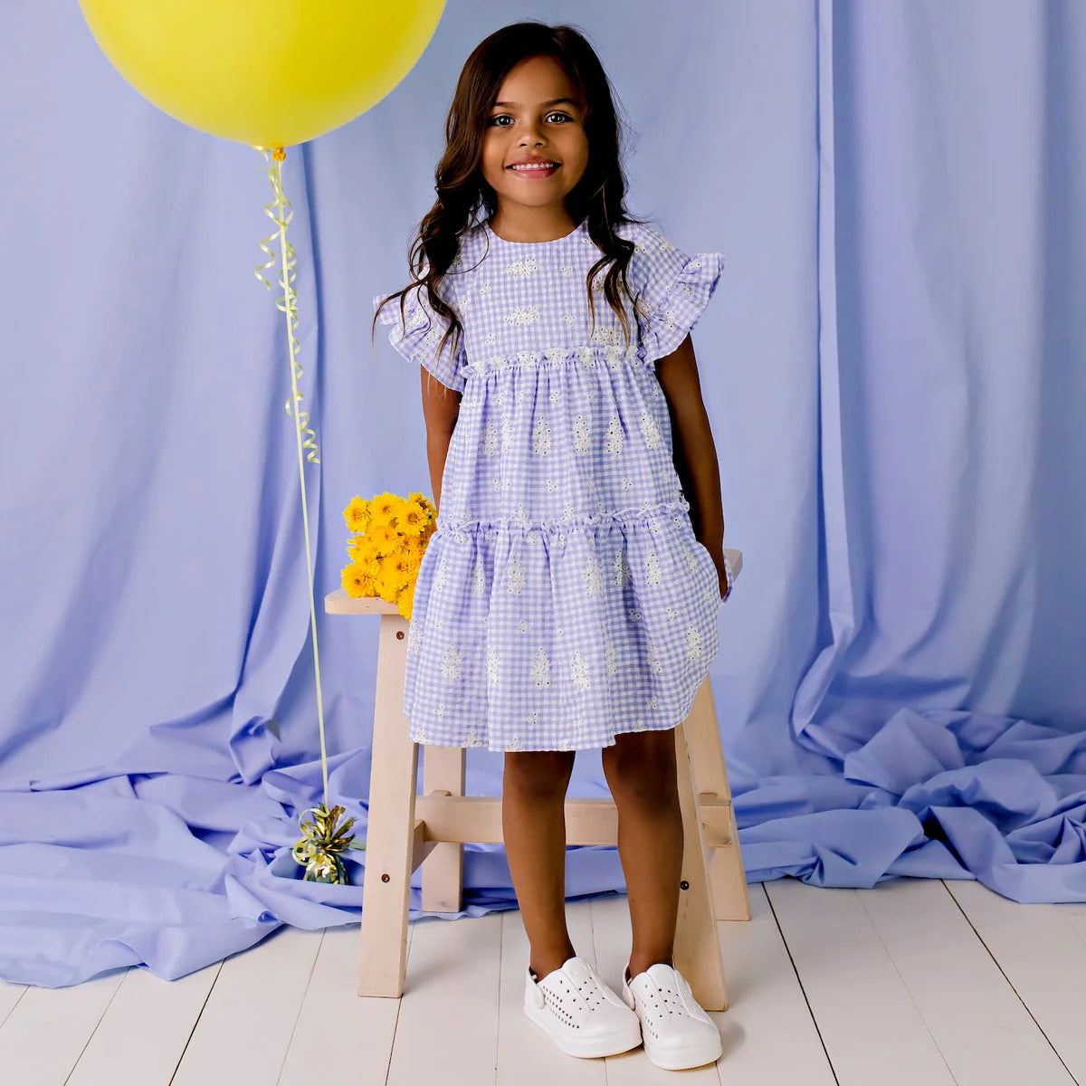 Designer Kidz | Alice Embroidered Gingham Tiered Dress - Blue Check