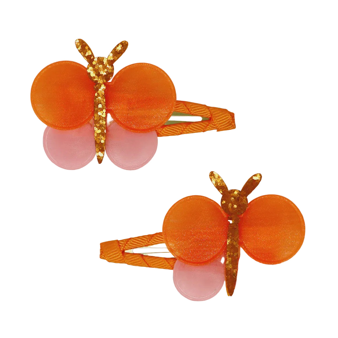 A pair of orange and pinnk with gold trim butterfly-shaped hair clips.