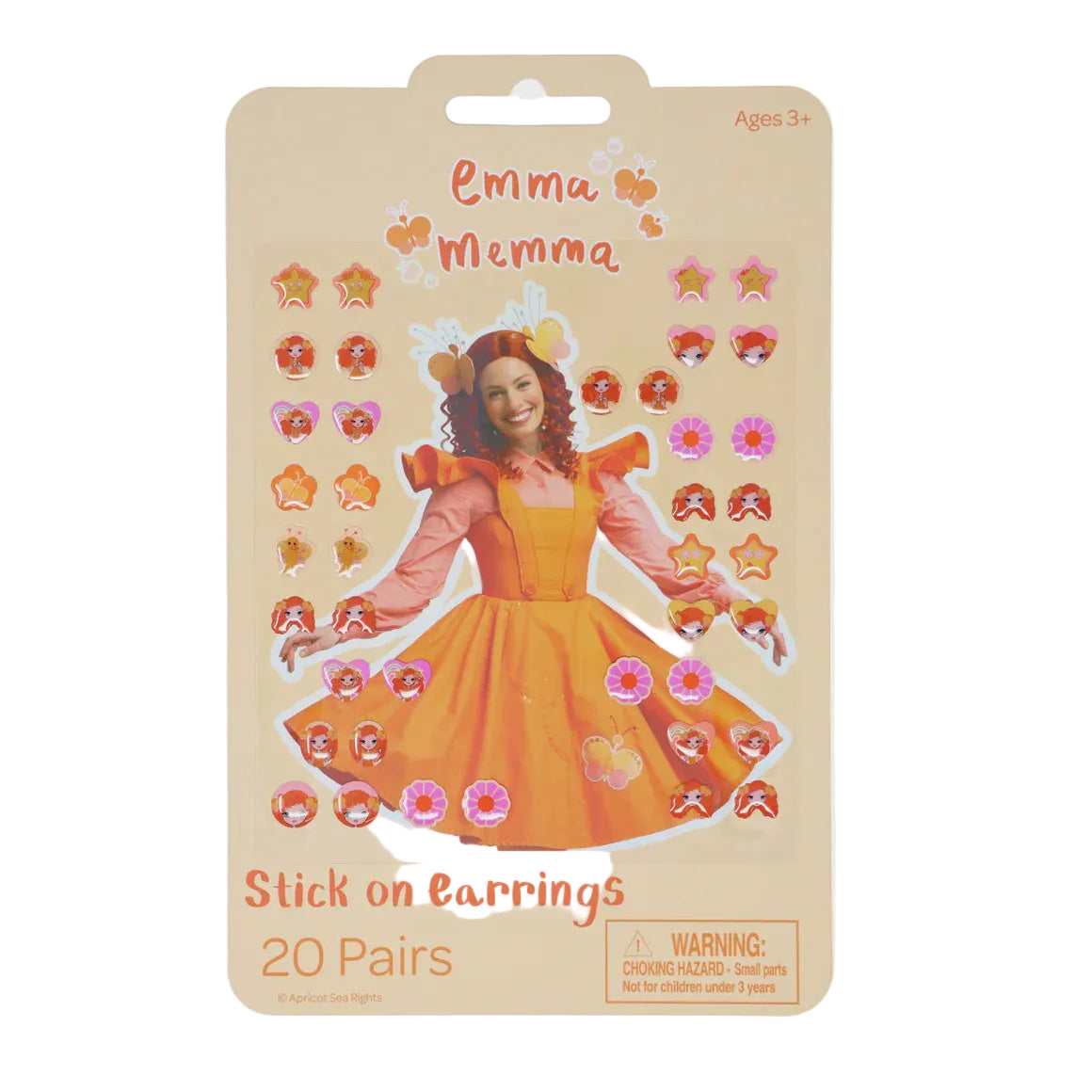 Packaging for Emma Memma Stick on Earrings featuring the product name, an image of a character resembling Emma, and various earring designs to be applied to the ears.
