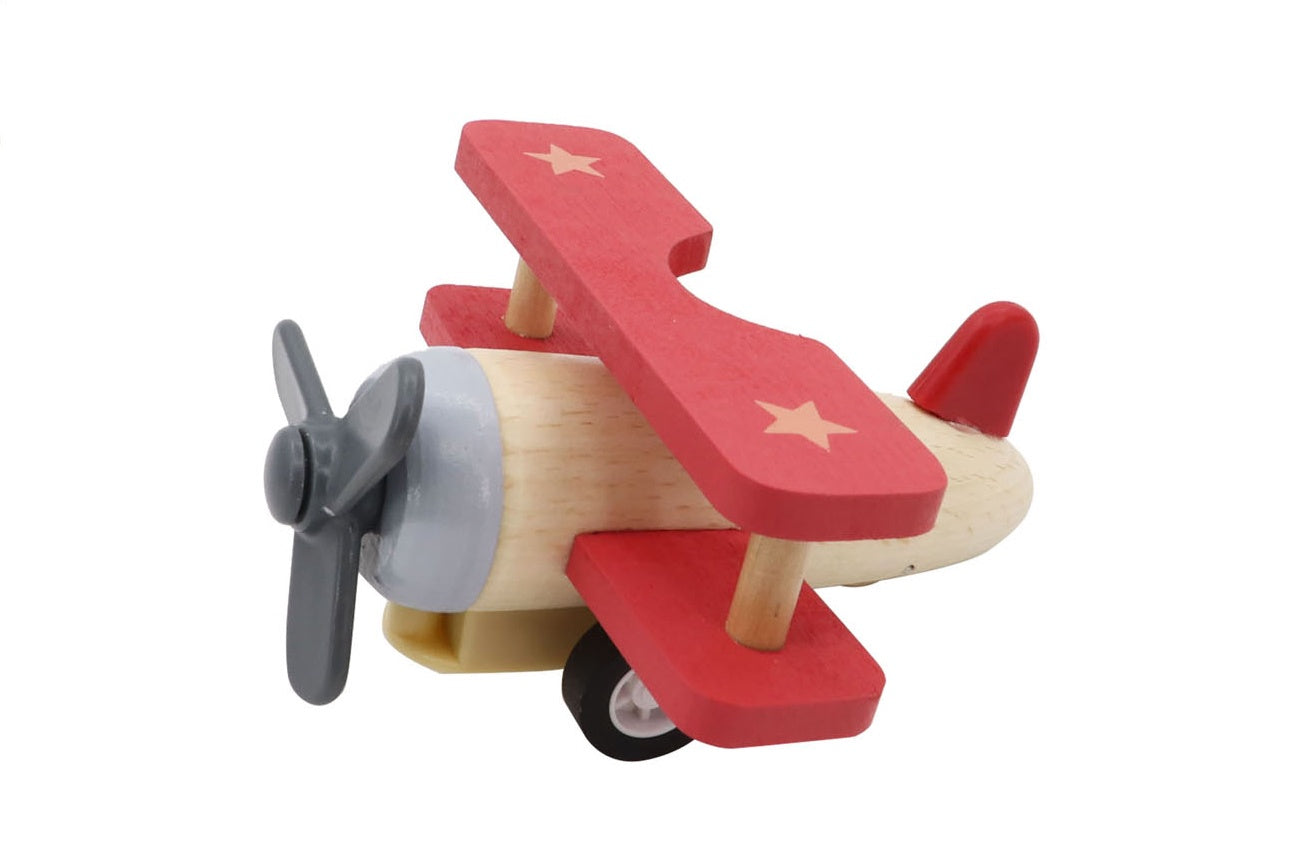 RETRO WOODEN PULL BACK BIPLANE - Red