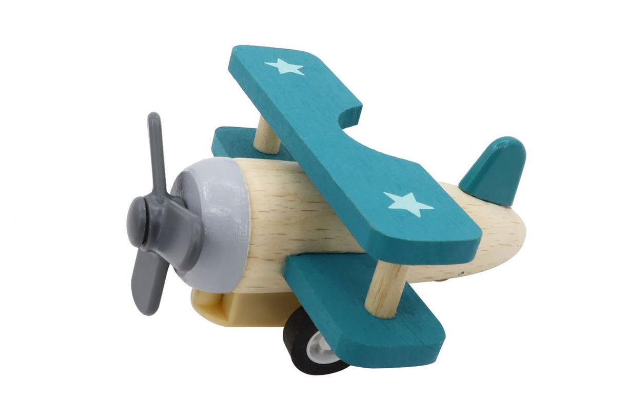 RETRO WOODEN PULL BACK BIPLANE - Blue / green