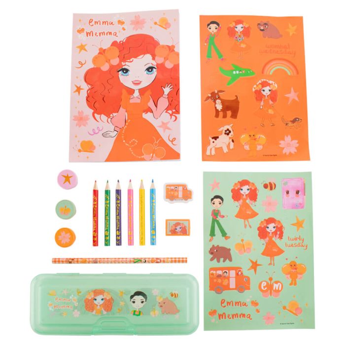 A children's stationery and pencil case set themed around 'Emma the Dragon' or a dragon princess, featuring multiple colorful printed sheets, pencils, stickers, and a mint green pencil case on a white background.