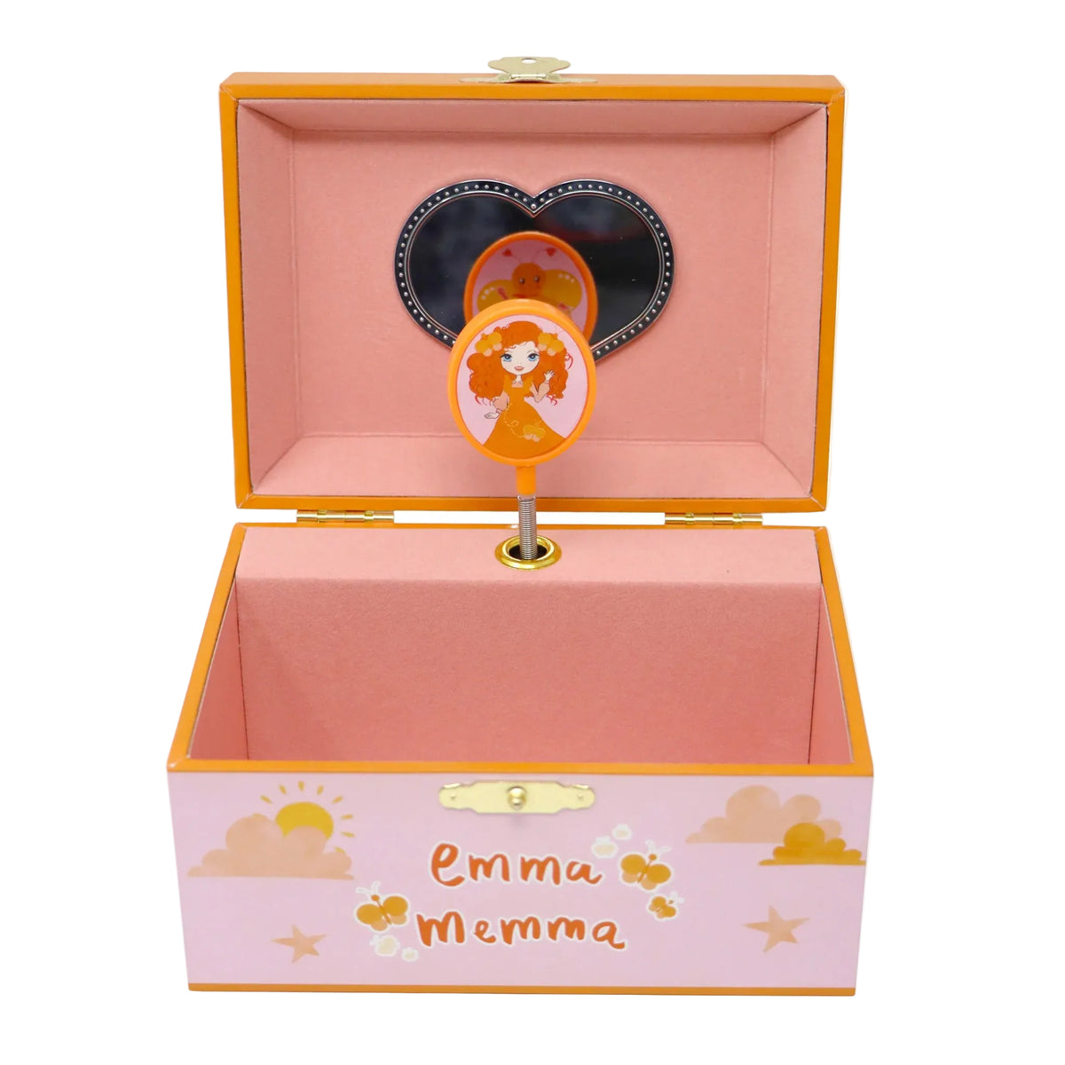 Open rectangle music box with a spinning Emma Memma character on an oval piece