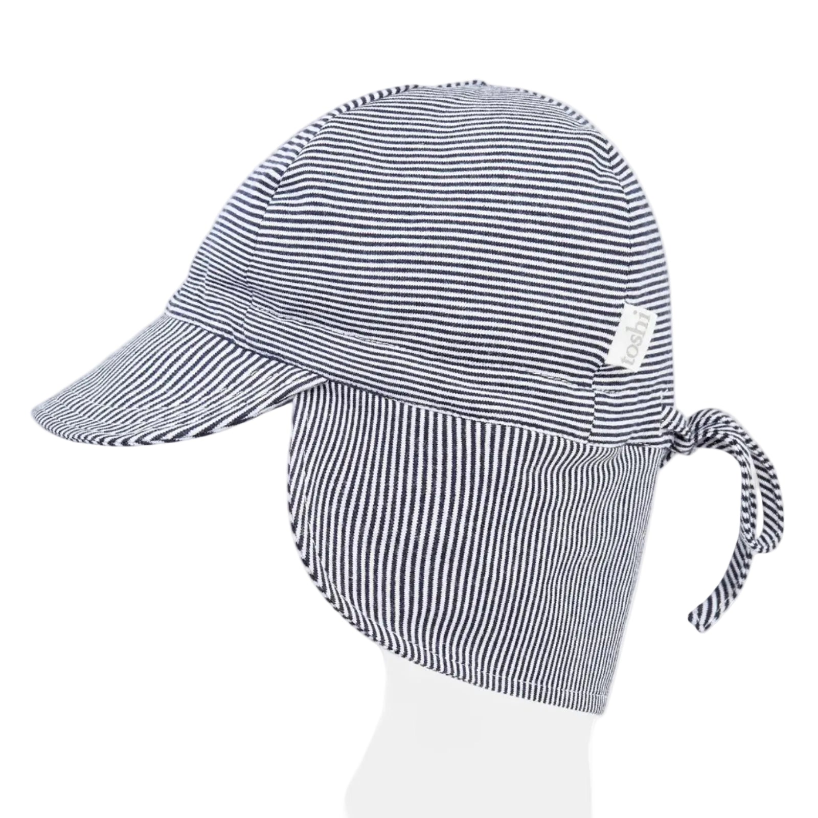 A striped baby sun hat with a contoured neck flap, featuring a combination of periwinkle and baby blue stripes.