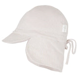 A beige and white striped Toshi Flap Cap Baby with a contoured neck flap, head tie, and chin tie.