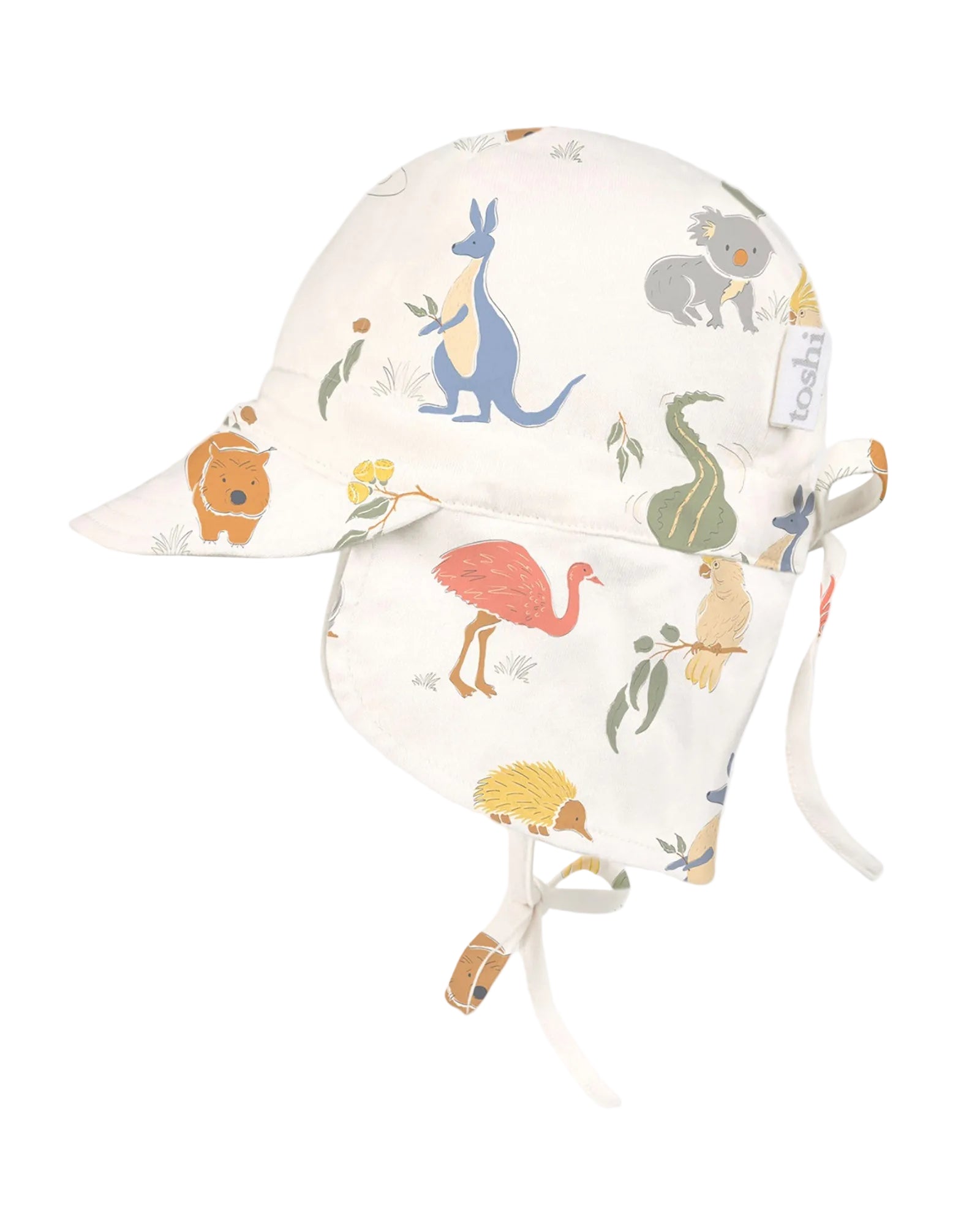 A multicolored baby sunhat with an Aussie animal patterns and a contoured neck flap.