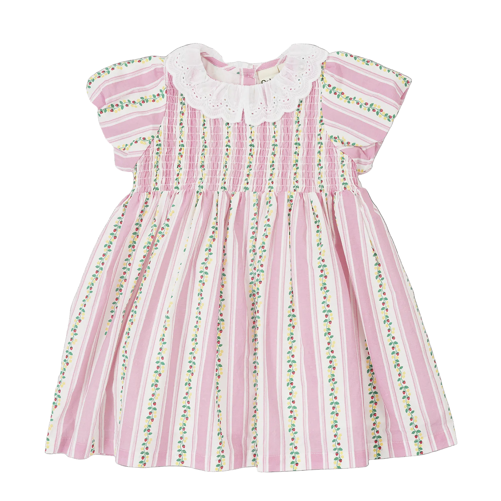 Pink and white striped girls dress with floral details on a white background