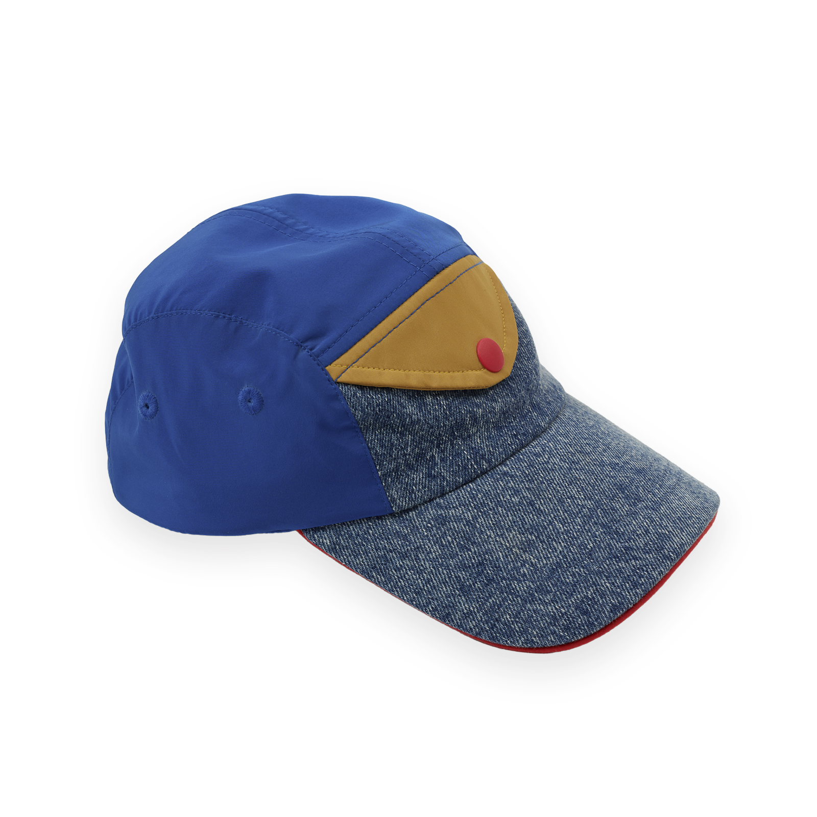 Multicolored cap with blue, brown, and red sections on a white background