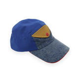 Multicolored cap with blue, brown, and red sections on a white background