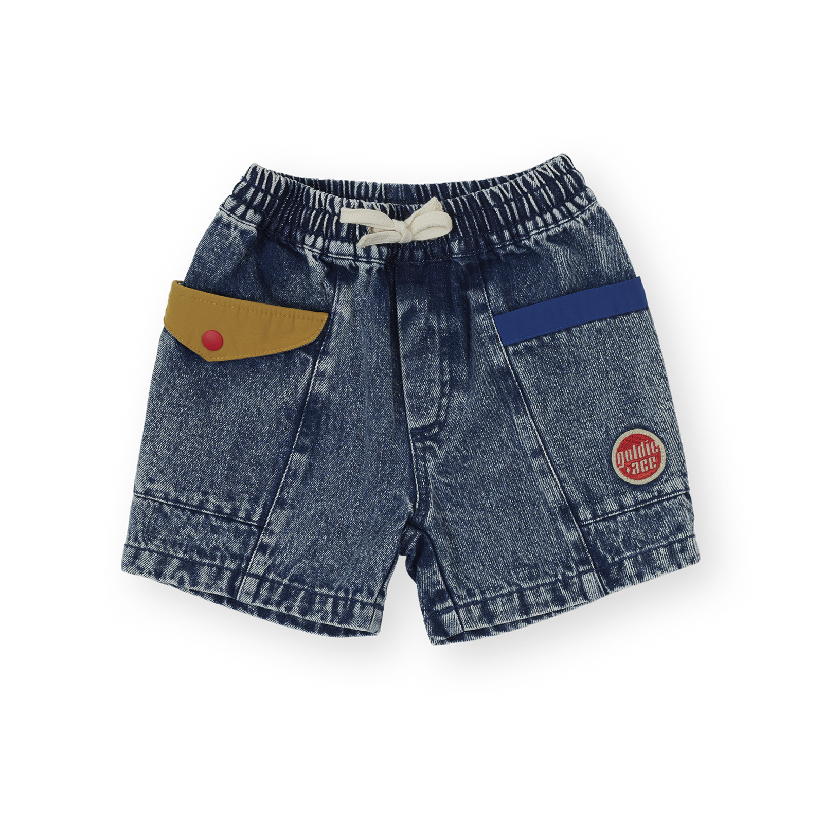 Blue denim shorts with colorful patches on a white background
