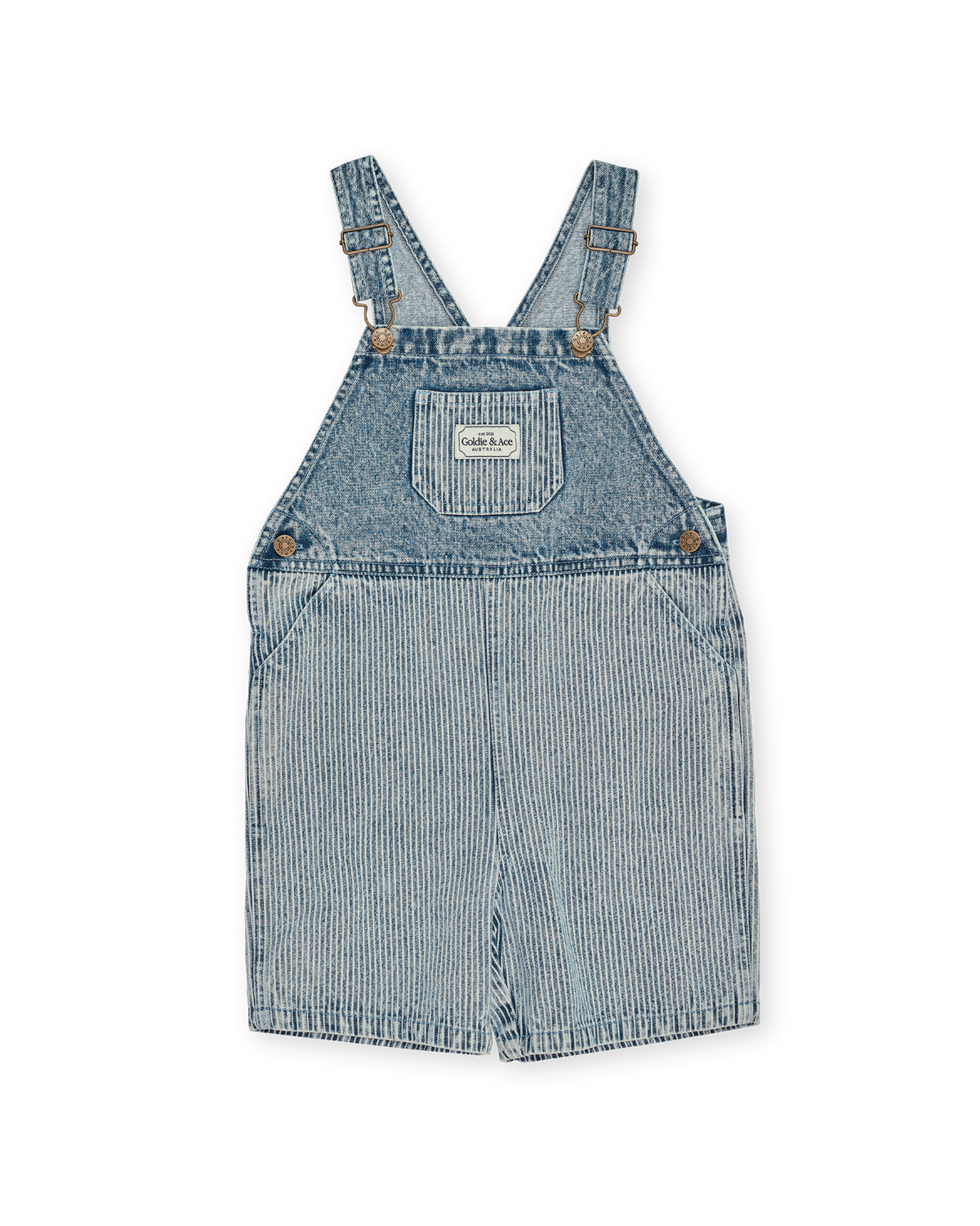 Blue denim overalls on a white background