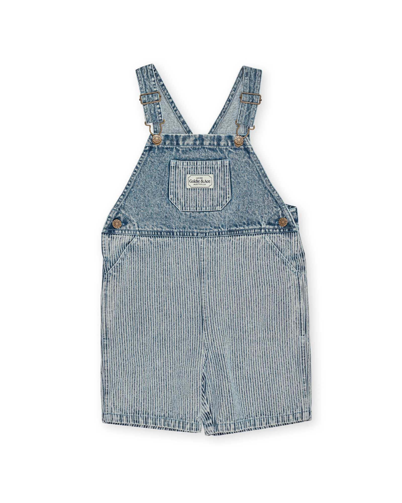 Blue denim overalls on a white background