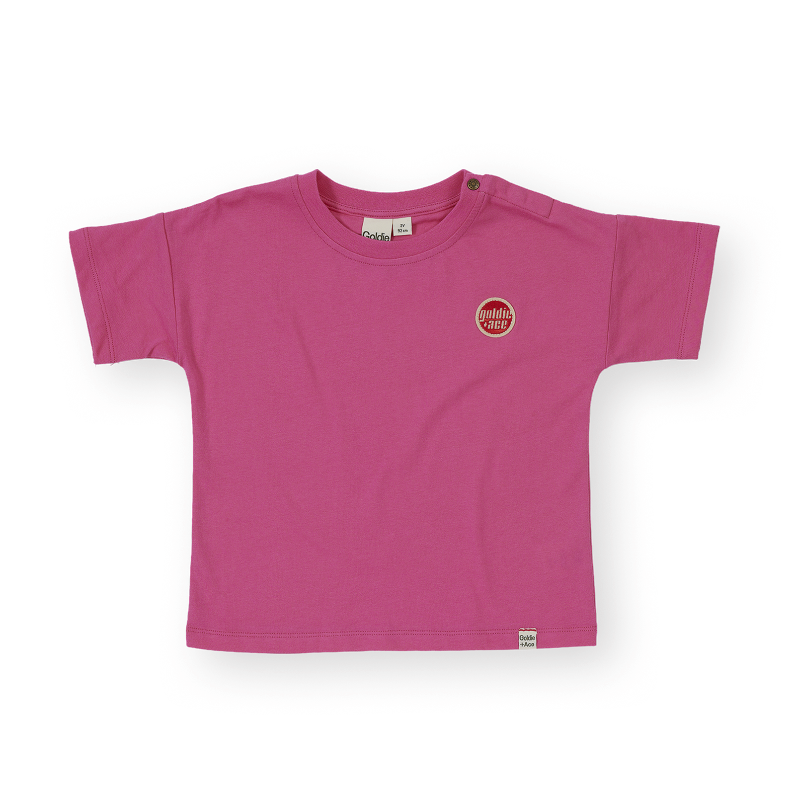 Pink t-shirt with a logo on a white background