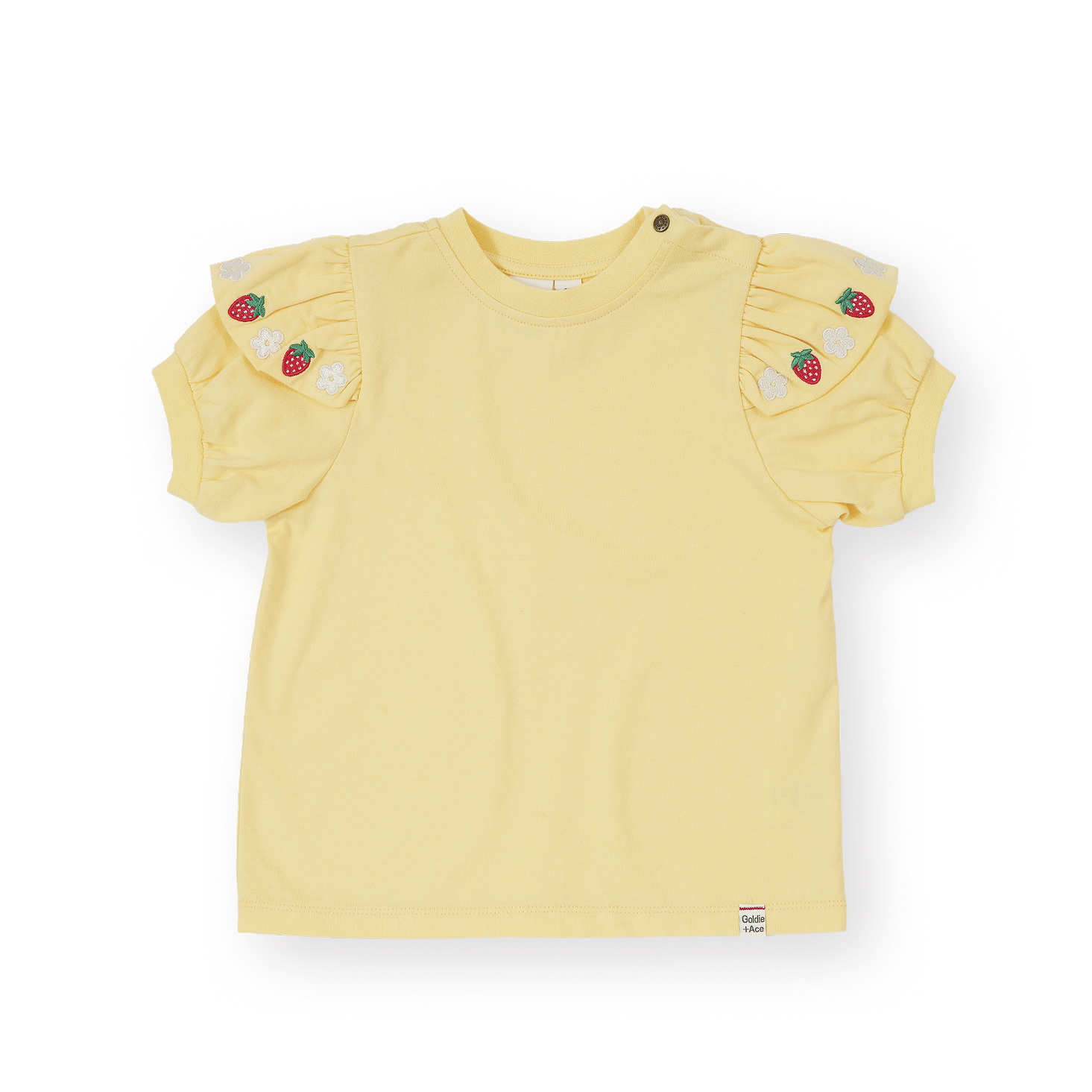 Yellow t-shirt with shoulder embellishments on a white background