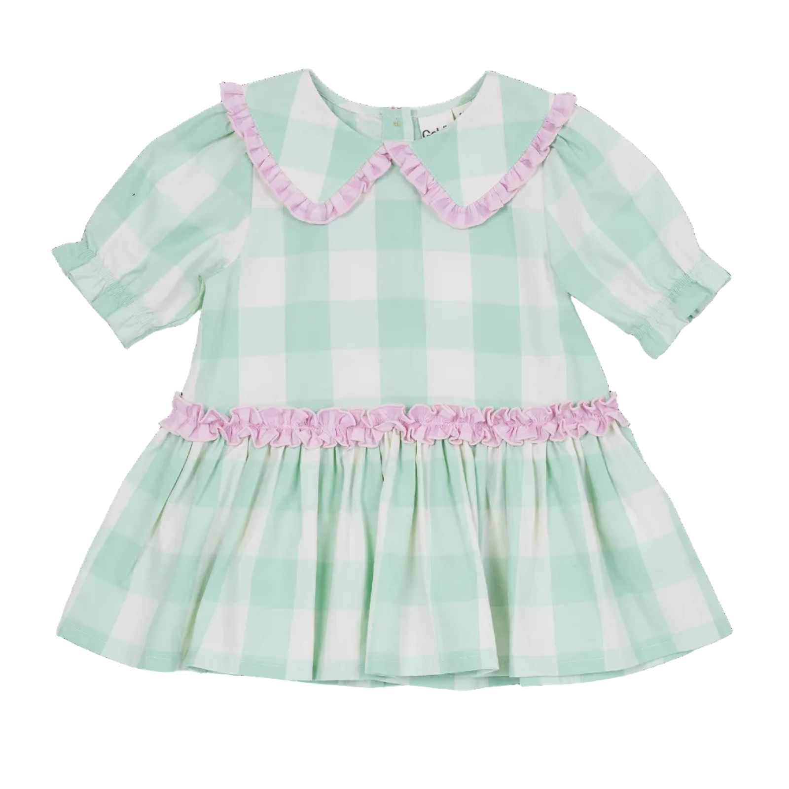 Green and white checkered girls dress with pink trim on a white background
