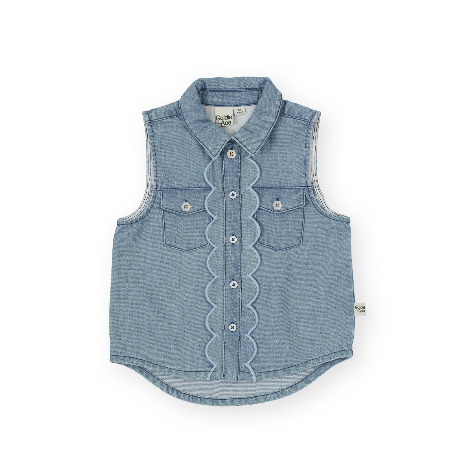 Blue denim vest with ruffled details on a white background