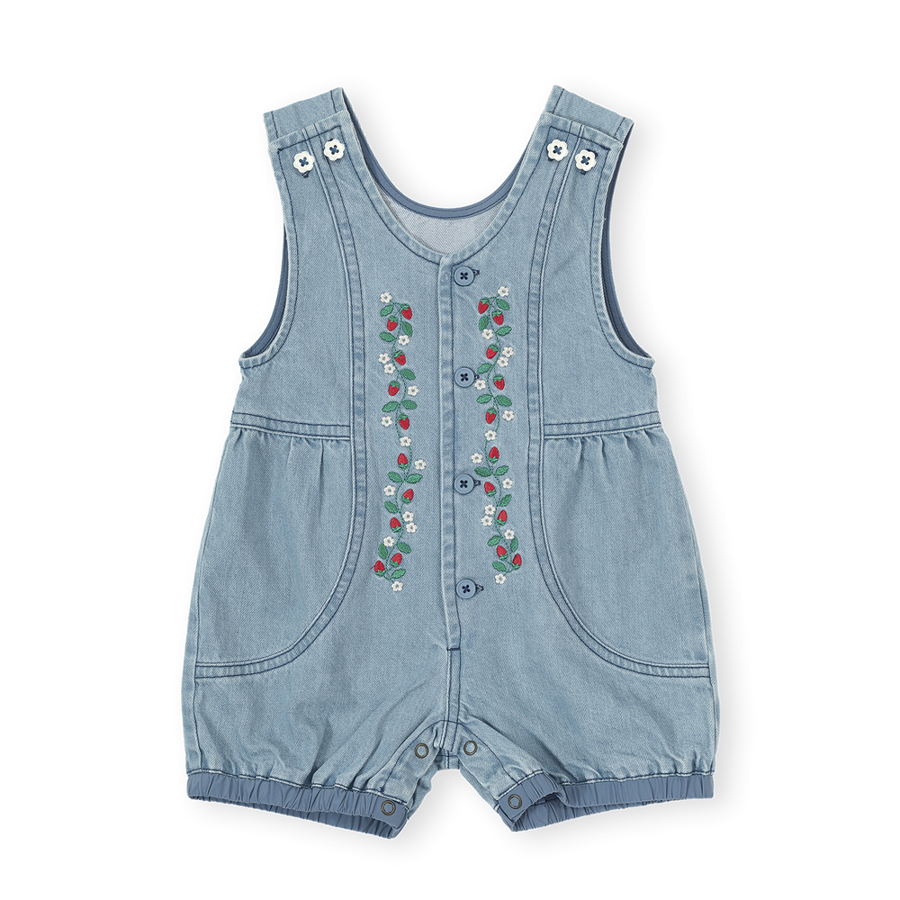 Denim baby romper with floral embroidery on a white background