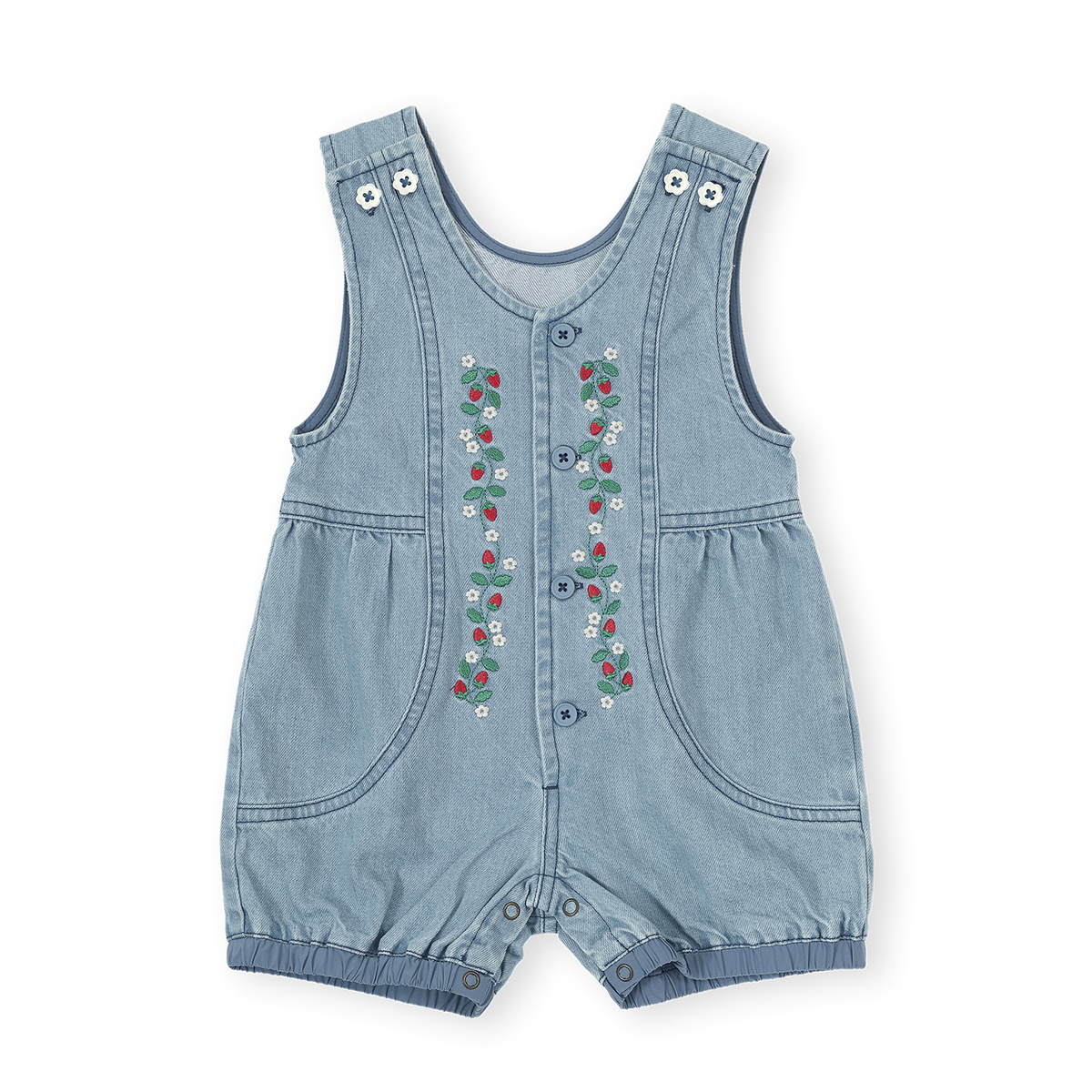 Denim baby romper with floral embroidery on a white background