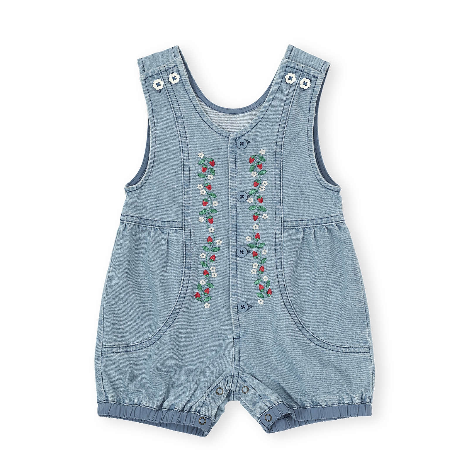 Denim baby romper with floral embroidery on a white background