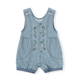 Denim baby romper with floral embroidery on a white background