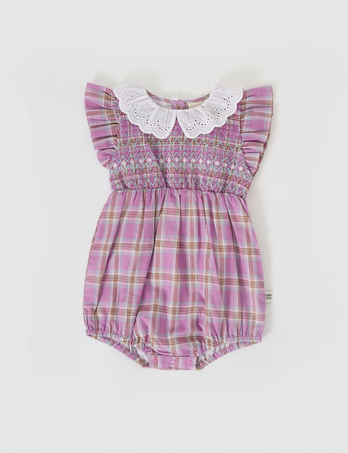 MAUVE CHECK LANI SMOCKED ROMPER