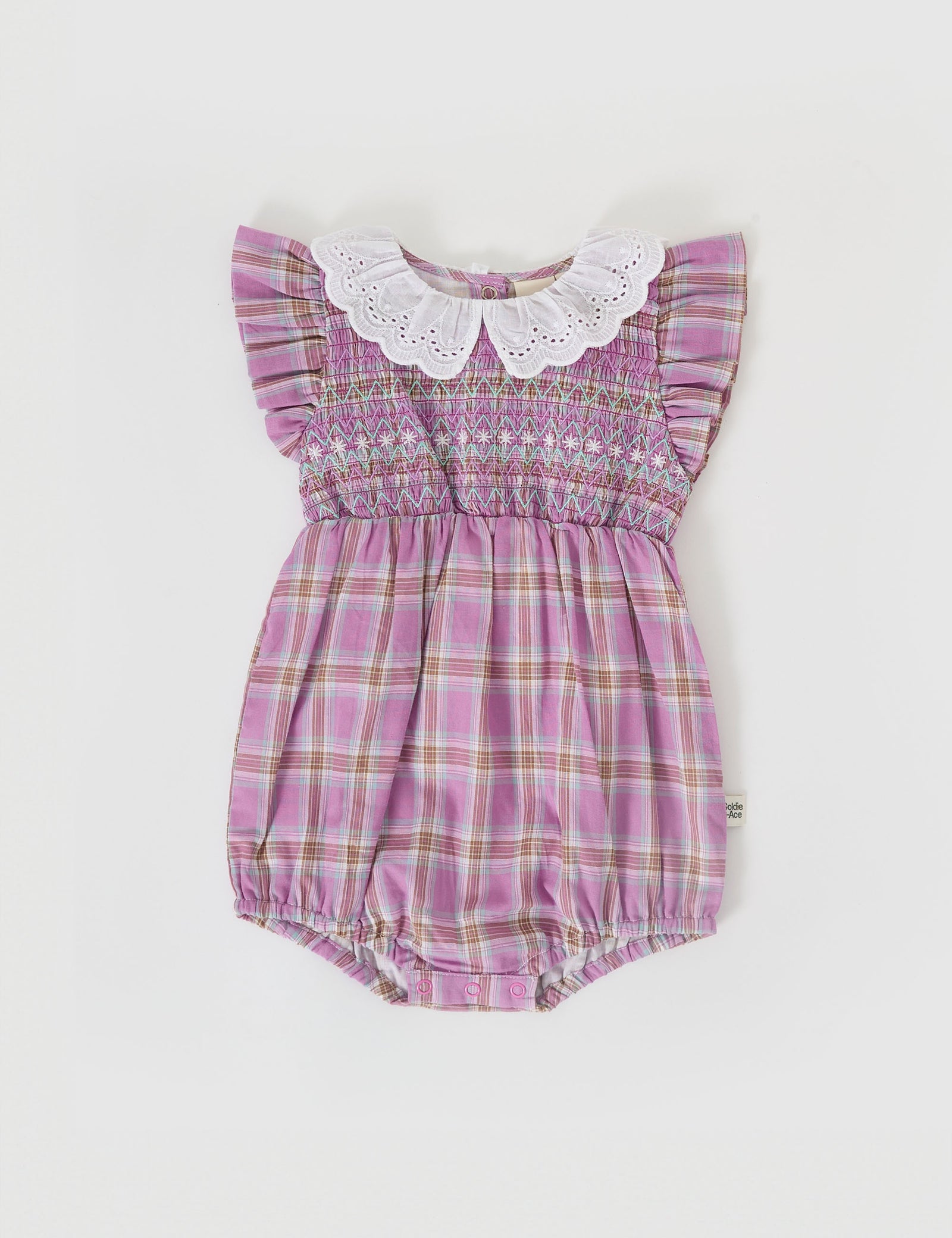 MAUVE CHECK LANI SMOCKED ROMPER