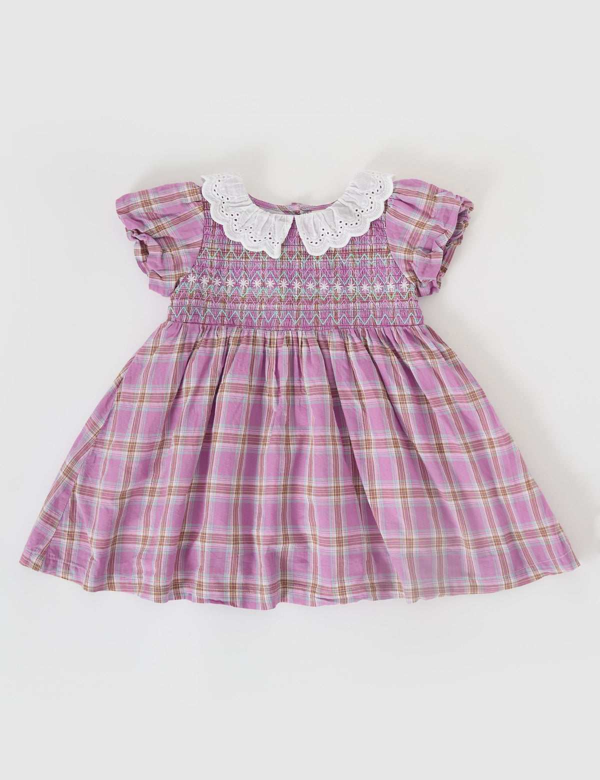 MAUVE CHECK FLO SMOCKED DRESS