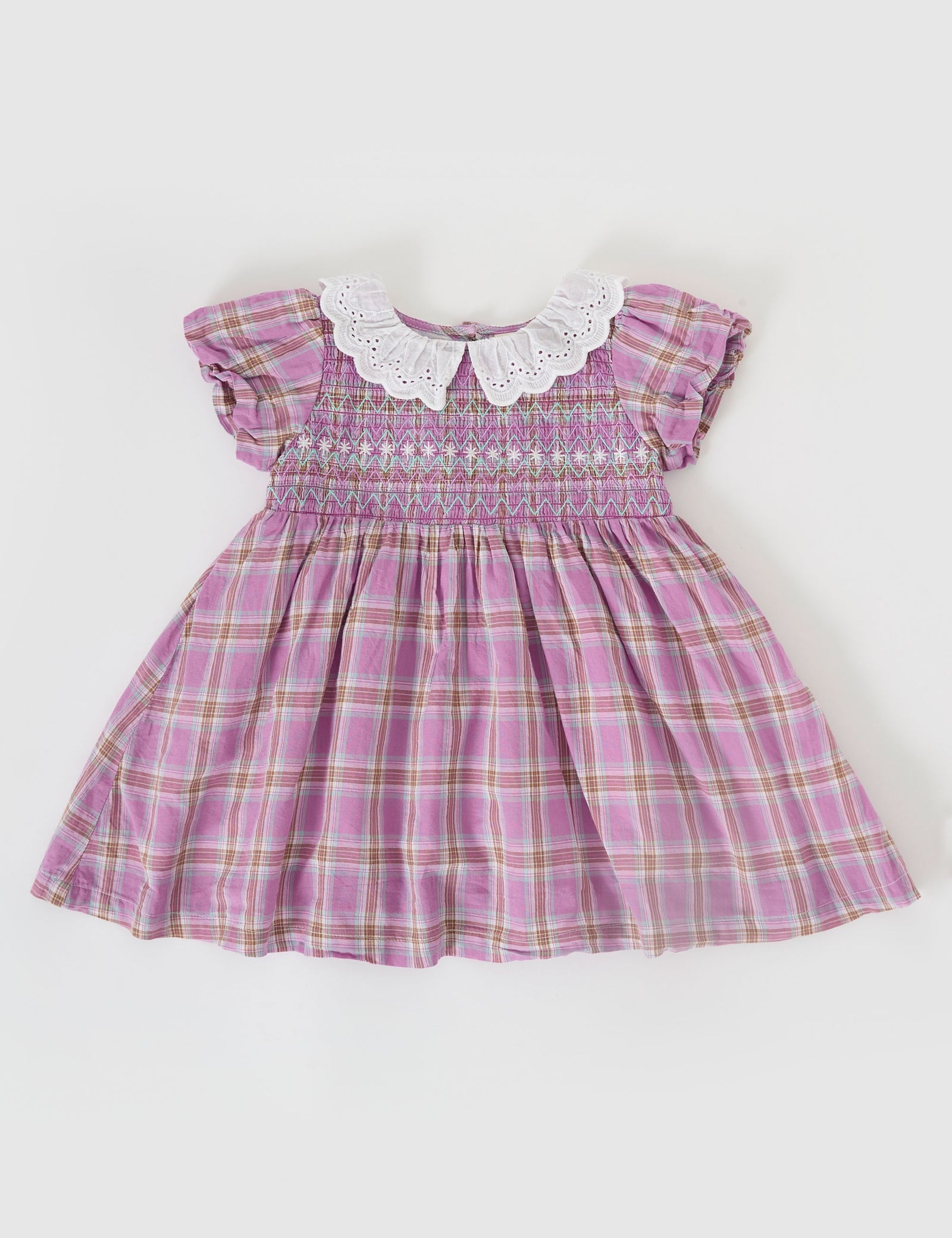 MAUVE CHECK FLO SMOCKED DRESS