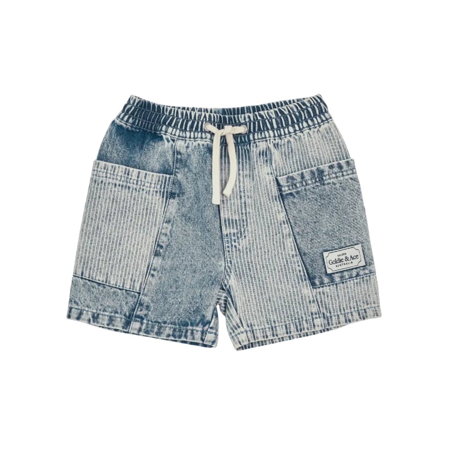 Light blue striped denim shorts with a white drawstring and a small brand patch on the left leg, shown flat on a white background.